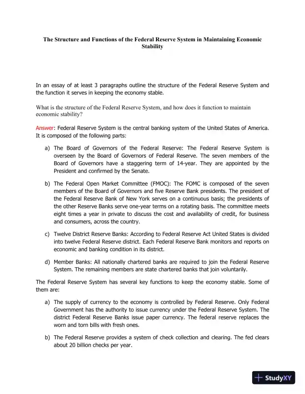 The Structure And Functions Of The Federal Reserve System In Maintaining Economic Stability - Page 1 preview image