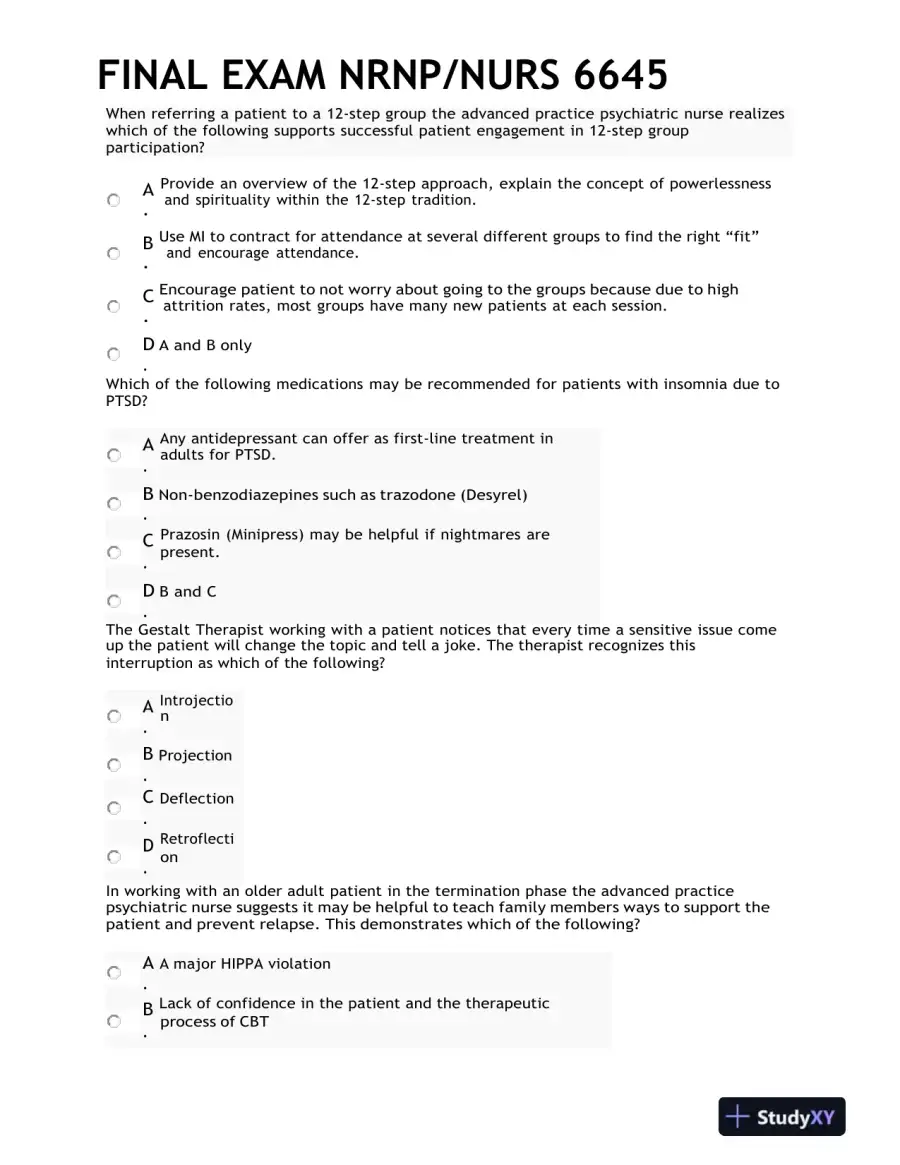 2021 NRNP/NURS 6645 Psychotherapy Final Exam With Answers (99 Solved Questions), page 4