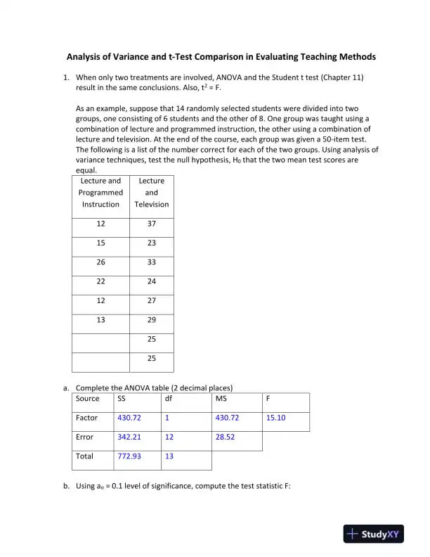 Analysis of Variance and t-Test Comparison in Evaluating Teaching Methods - Page 1 preview image
