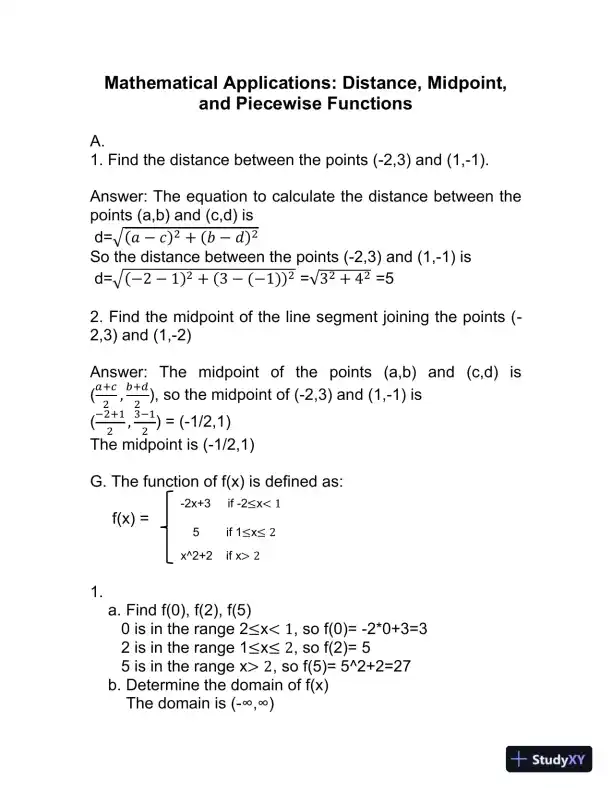 Mathematical Applications: Distance, Midpoint, And Piecewise Functions - Page 1 preview image