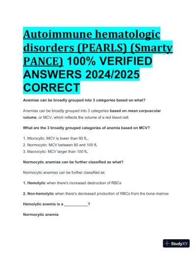 2024-2025 Autoimmune hematologic Disorders (PEARLS) (Smarty PANCE) with Answers (45 Solved Questions) - Page 1 preview image