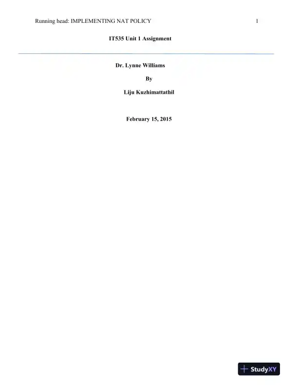IT535 Unit 1 Assignment Implementing Nat Policy - Page 1 preview image