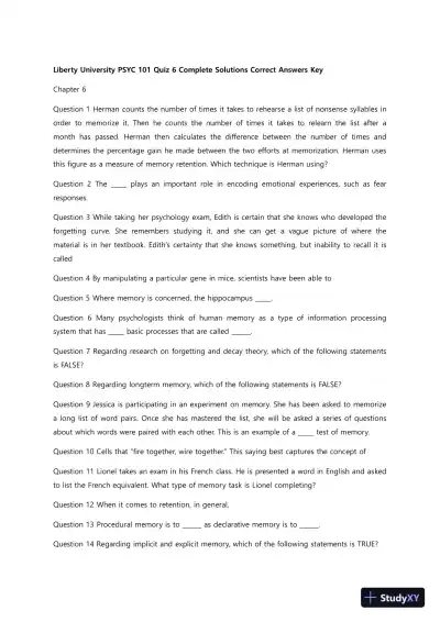 Liberty University PSYC 101 Quiz 6 Complete Solutions Correct Answers Key - Page 1 preview image