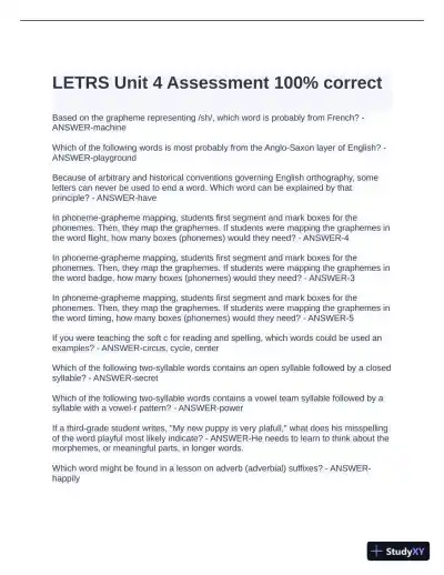 LETRS Unit 4 Assessment with Answers (15 Solved Questions) - Page 1 preview image