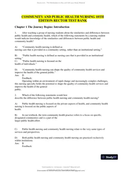Test Bank for Community and Public Health Nursing, 10th Edition (Chapters 1-30) - Page 1 preview image