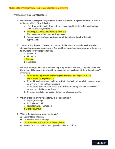 NURS MISC Pharmacology Final Exam With Answers (228 Solved Questions) - Page 1 preview image