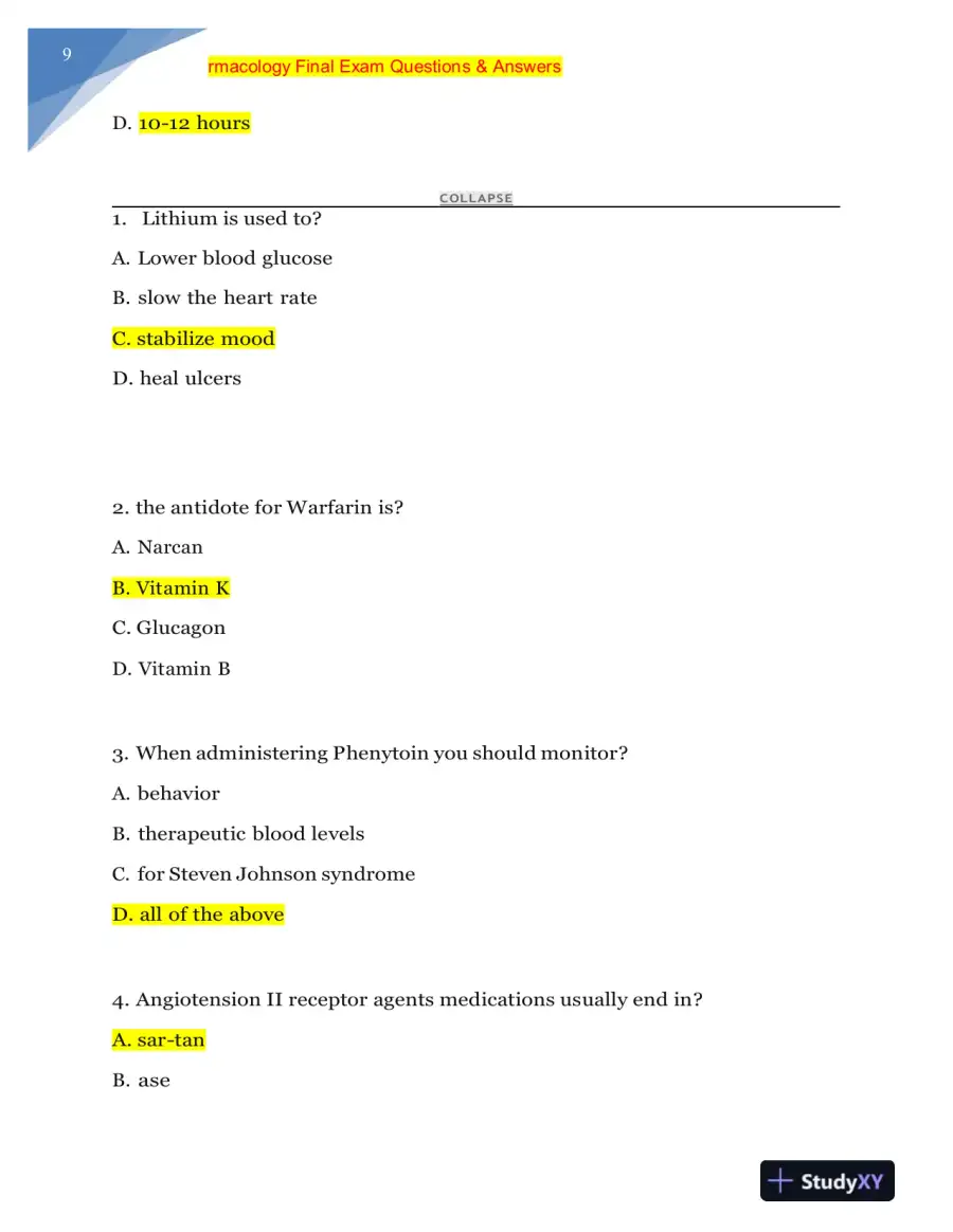 NURS MISC Pharmacology Final Exam With Answers (228 Solved Questions), page 10