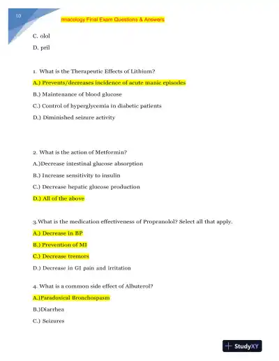 NURS MISC Pharmacology Final Exam With Answers (228 Solved Questions) - Page 11 preview image
