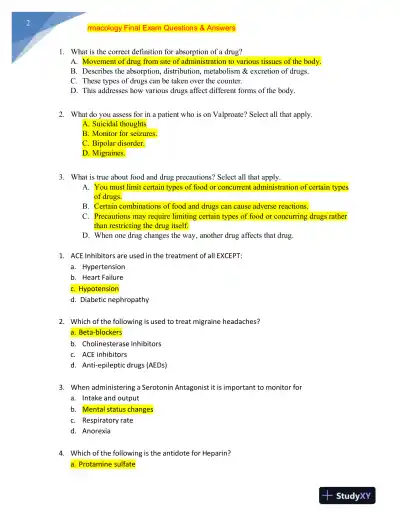 NURS MISC Pharmacology Final Exam With Answers (228 Solved Questions) - Page 3 preview image