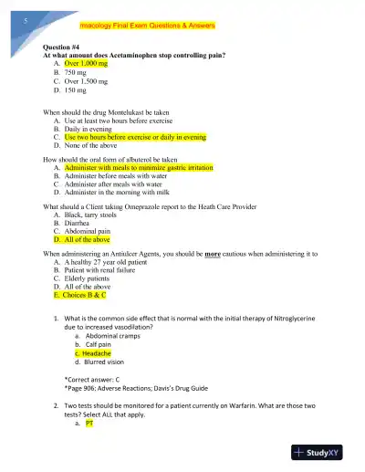 NURS MISC Pharmacology Final Exam With Answers (228 Solved Questions) - Page 6 preview image
