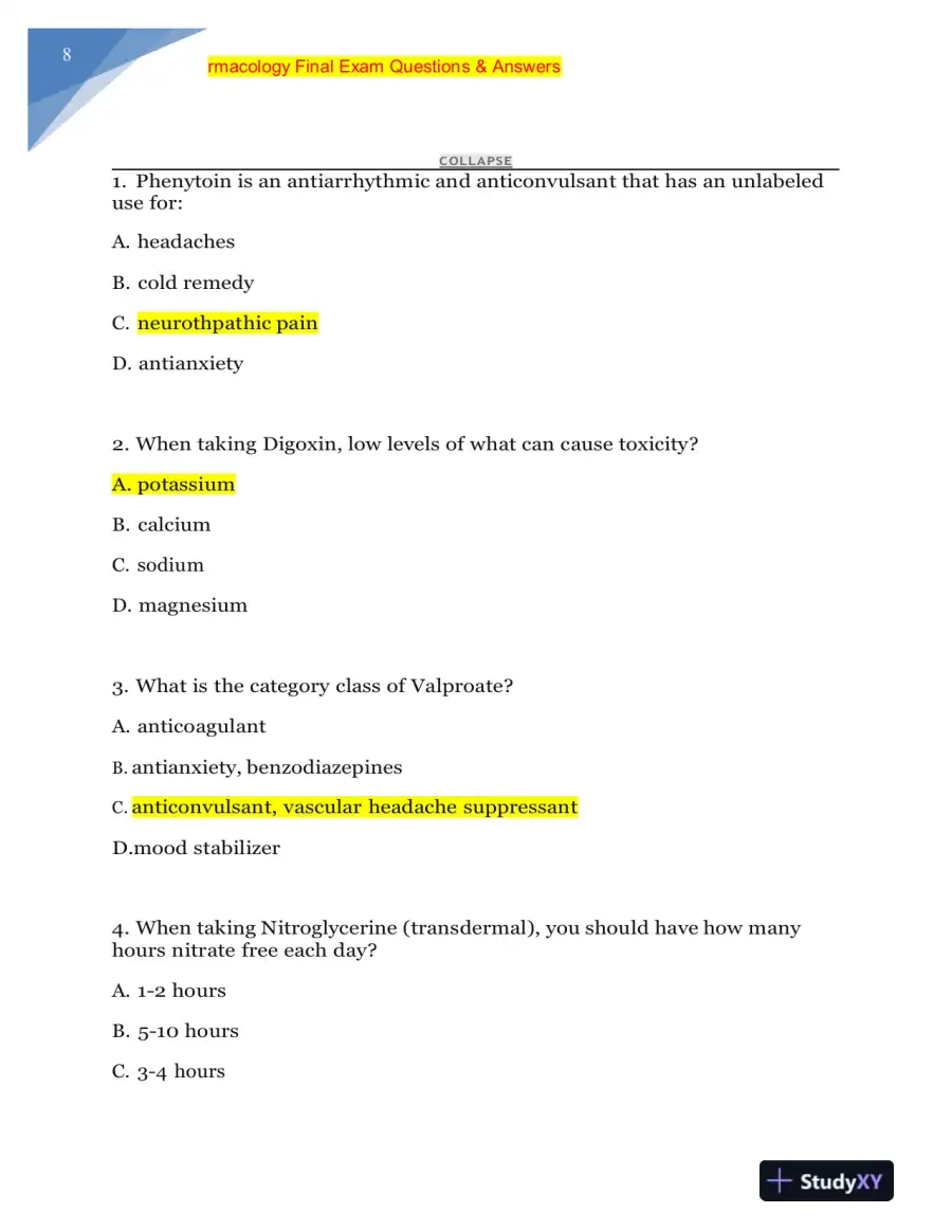 NURS MISC Pharmacology Final Exam With Answers (228 Solved Questions), page 9