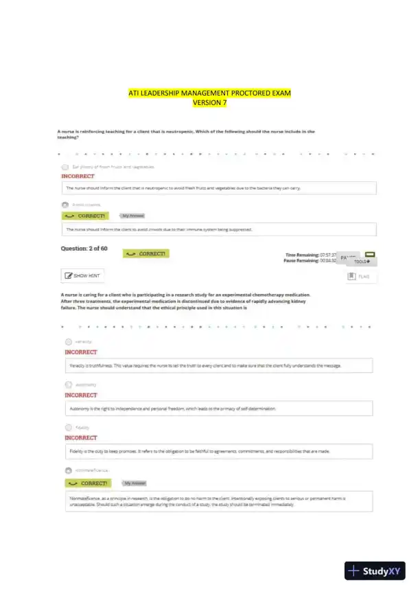 2020 ATI RN Leadership Proctored Exam Version 7 With Answers (60 Solved Questions) - Page 1 preview image