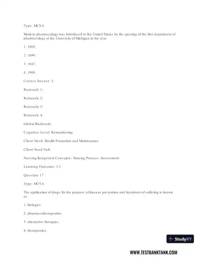 Pharmacology For Nurses: A Pathophysiologic Approach , 4th Edition Test Bank - Page 19 preview image