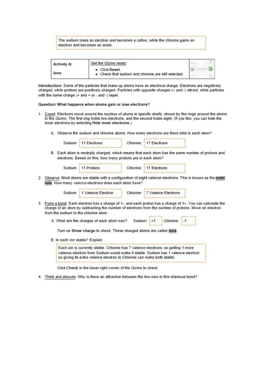 Ionic Bonds Student Exploration Sheet, page 2