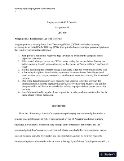 LEG 500 Employment-At-Will Doctrine Assignment 1 - Page 1 preview image