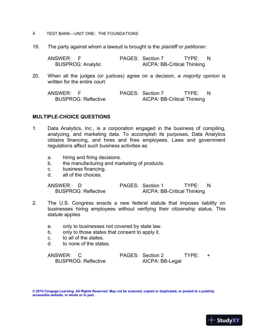 Test Bank For The Legal Environment Of Business: Text And Cases, 9th Edition, page 7