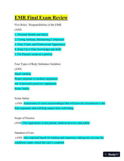 EMR Final Exam Review with Answers (104 Solved Questions) - Page 1 preview image