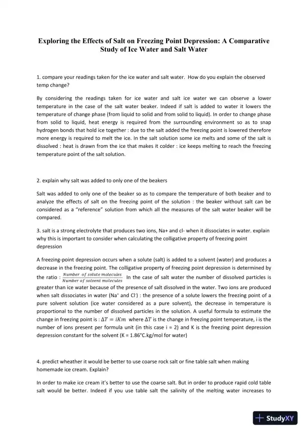 Exploring The Effects Of Salt On Freezing Point Depression: A Comparative Study Of Ice Water And Salt Water - Page 1 preview image