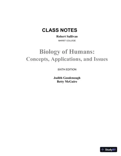Revision Notes for Biology of Humans Concepts, Applications, and Issues, 6th Edition - Page 1 preview image