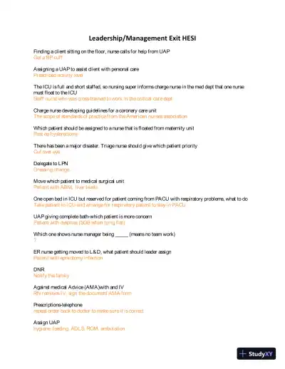 HESI Leadership/Management Exit Exam with Answers (59 Solved Questions) - Page 1 preview image