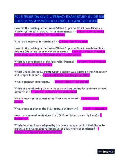 FCLE Law Civic Literacy Exam With Answers (95 Solved Questions) - Page 1 preview image