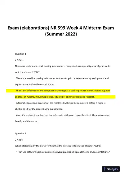 2022 NR599 Prairie State College MIS Midterm Exam Week 4 With Answers (15 Solved Questions) - Page 1 preview image