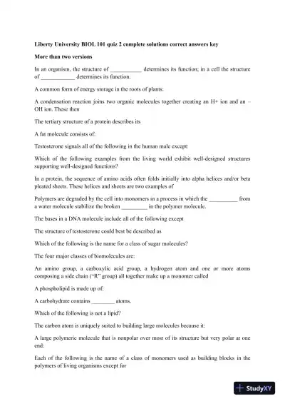 Liberty University BIOL 101 Quiz 2 Complete Solutions Correct Answers Key - Page 1 preview image