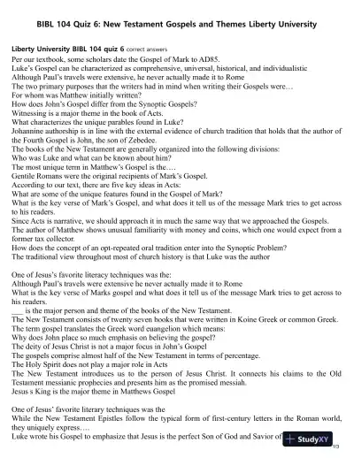 BIBL 104 Quiz 6: New Testament Gospels and Themes Liberty University - Page 1 preview image