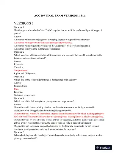 ACC 599 Final Exam VERSIONS 1 & 2 - Page 1 preview image