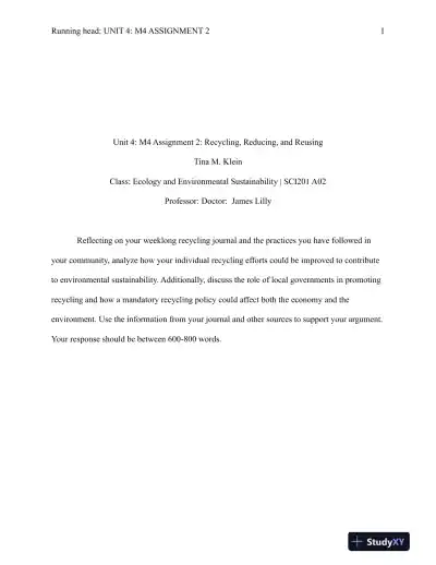 SCI201 A02 Unit 4: M4 Assignment 2: Recycling, Reducing, and Reusing - Page 1 preview image