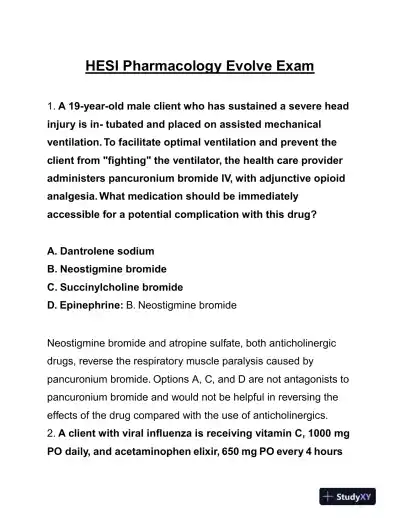 HESI Pharmacology Evolve Exam With Answers (125 Solved Questions) - Page 1 preview image