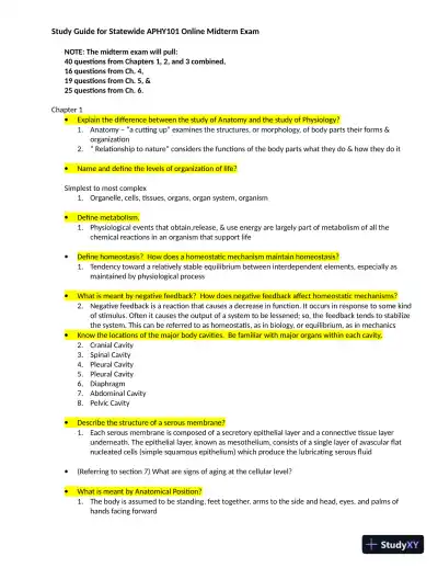 APHY101 Anatomy and Physiology Study Guide Online Midterm Exam with Answers (100 Solved Questions) - Page 1 preview image
