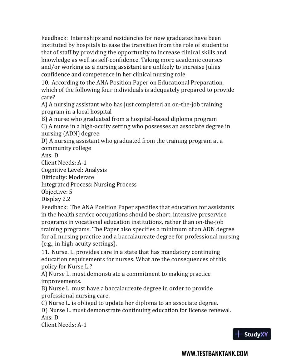 Nursing in Today's World: Trends, Issues, and Management Eleventh, North American Edition Test Bank, page 16