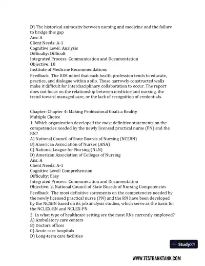 Nursing in Today's World: Trends, Issues, and Management Eleventh, North American Edition Test Bank - Page 28 preview image