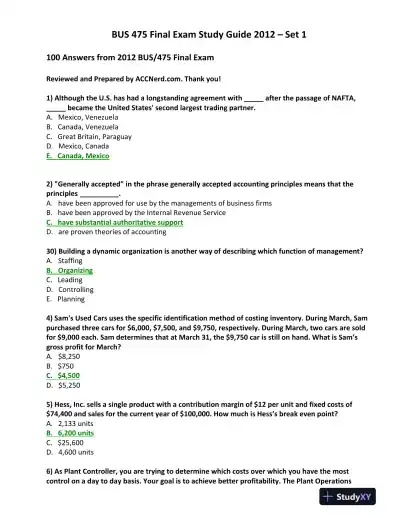BUS 475 Final Exam Study Guide 2012 � Set 1 - Page 1 preview image