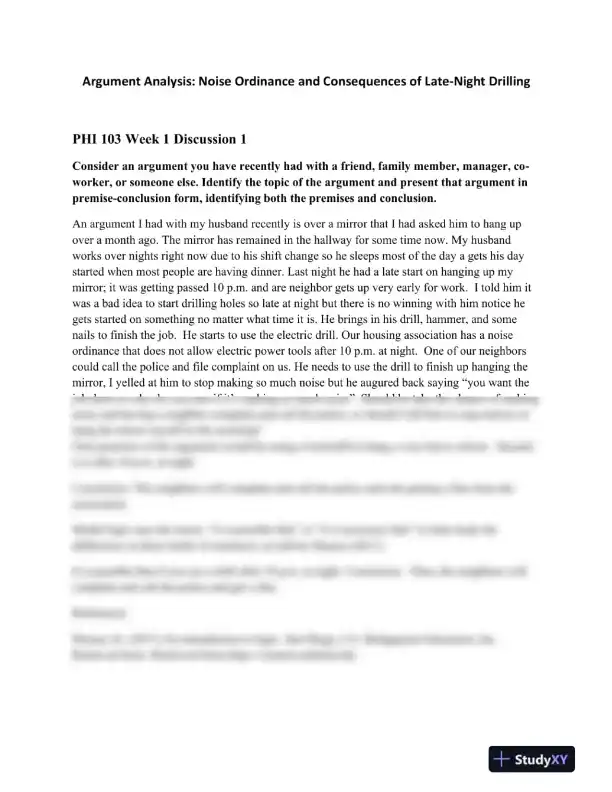 Argument Analysis: Noise Ordinance and Consequences of Late-Night Drilling - Page 1 preview image