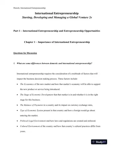 International Entrepreneurship: Starting, Developing, And Managing A Global Venture , 2nd Edition Solution Manual - Page 1 preview image