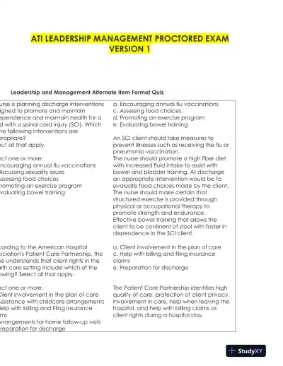 ATI RN Leadership Management Proctored Exam With NGN Version 1 With Answers (29 Solved Questions) - Page 1 preview image