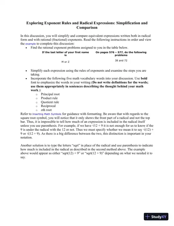 Exploring Exponent Rules And Radical Expressions: Simplification And Comparison - Page 1 preview image