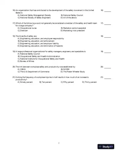 Test Bank for Occupational Safety and Health for Technologists, Engineers, and Managers, 9th Edition - Page 3 preview image