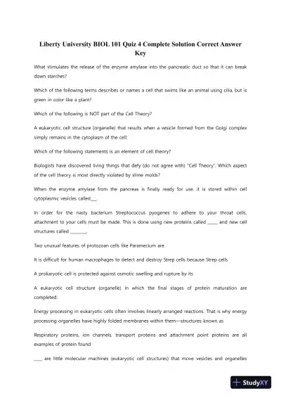 Liberty University BIOL 101 Quiz 4 Complete Solution Correct Answer Key - Page 1 preview image
