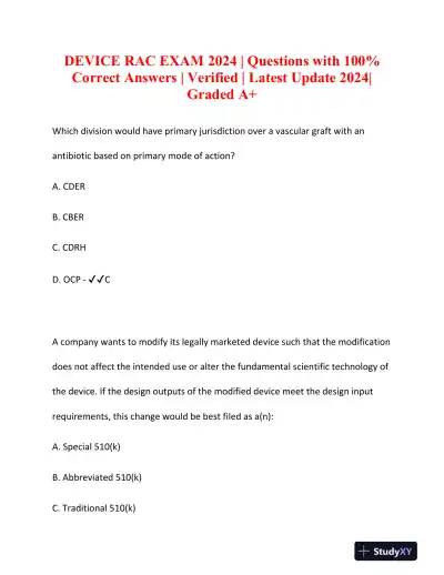 2024 DEVICE Clinical Analysis RAC Exam With Answers (187 Solved Questions) - Page 1 preview image