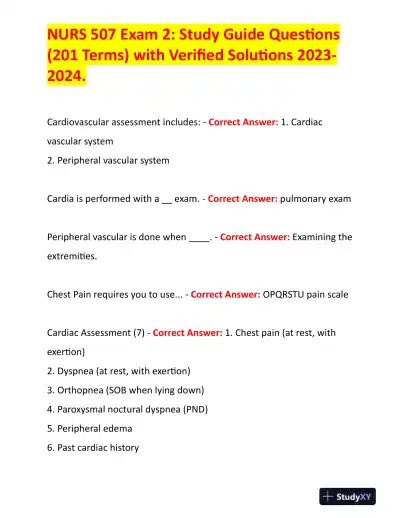 2023-2024 NURS507 Cardiovascular Study Guide With Answers (201 Solved Questions) - Page 1 preview image