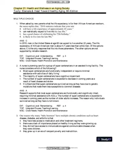 Ebersole And Hess' Toward Healthy Aging: Human Needs And Nursing Response, 9th Edition Test Bank - Page 1 preview image