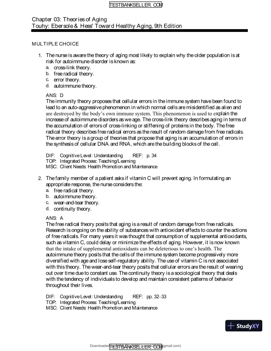 Ebersole And Hess' Toward Healthy Aging: Human Needs And Nursing Response, 9th Edition Test Bank, page 12