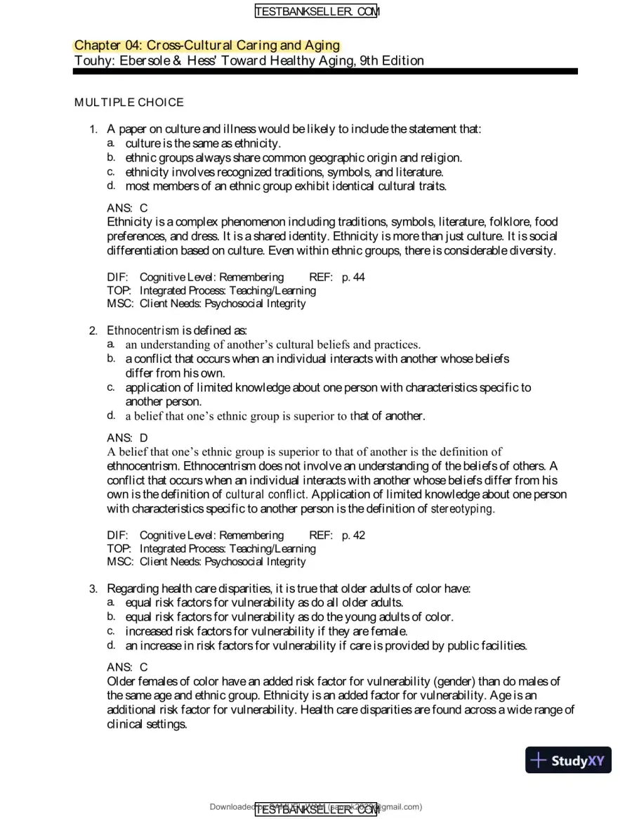 Ebersole And Hess' Toward Healthy Aging: Human Needs And Nursing Response, 9th Edition Test Bank, page 17