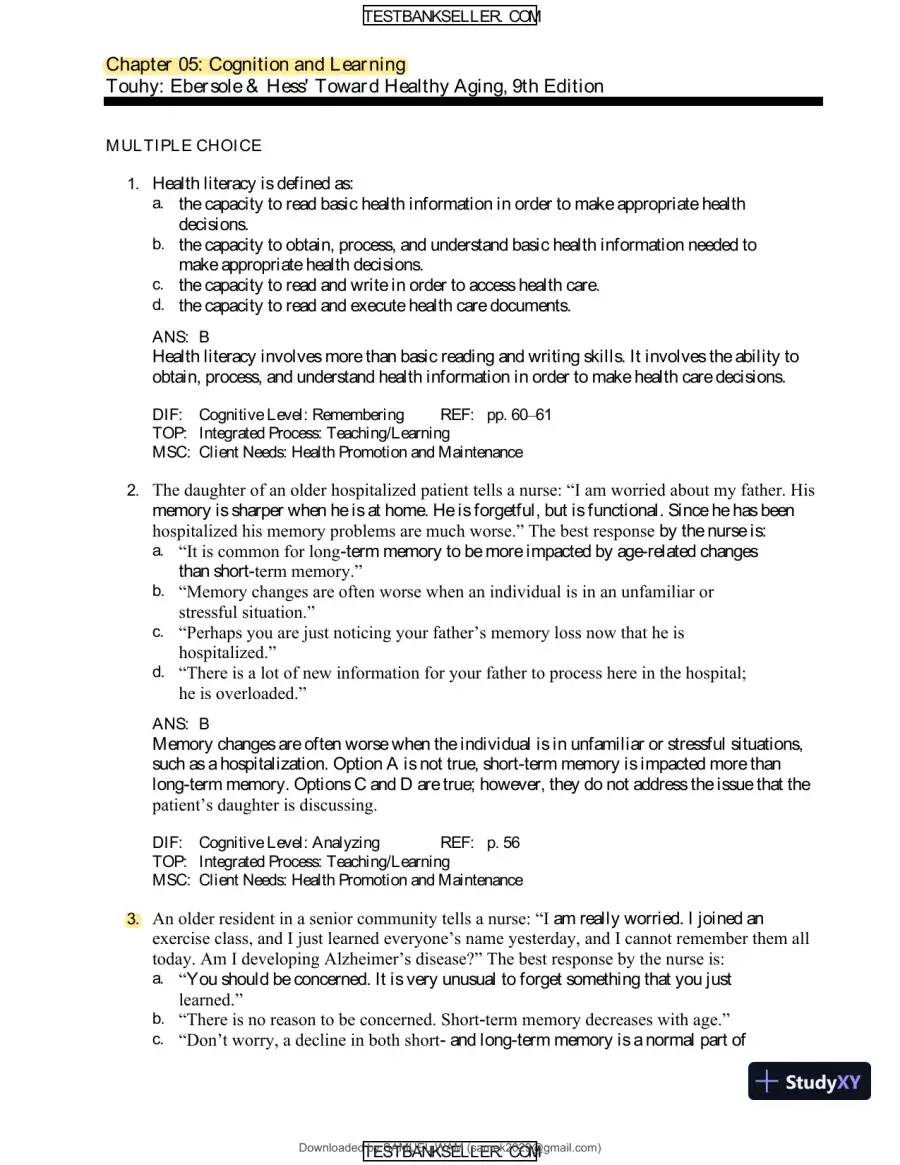 Ebersole And Hess' Toward Healthy Aging: Human Needs And Nursing Response, 9th Edition Test Bank, page 21