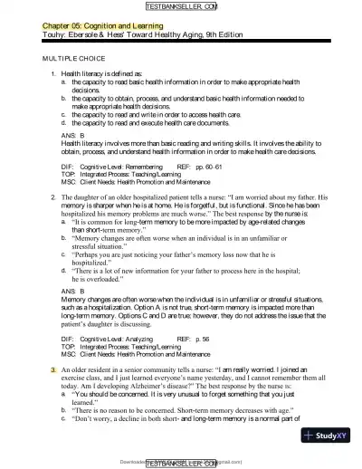 Ebersole And Hess' Toward Healthy Aging: Human Needs And Nursing Response, 9th Edition Test Bank - Page 21 preview image