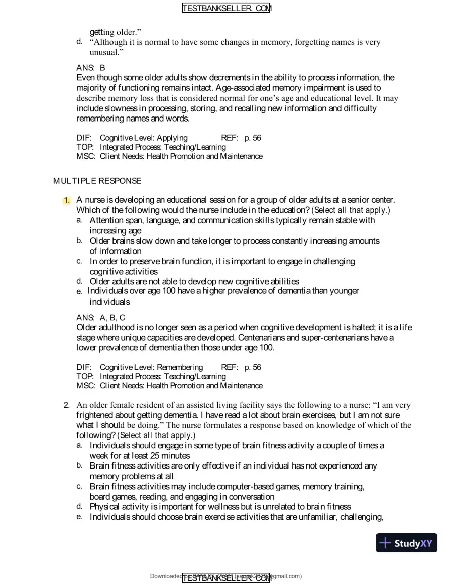 Ebersole And Hess' Toward Healthy Aging: Human Needs And Nursing Response, 9th Edition Test Bank, page 22