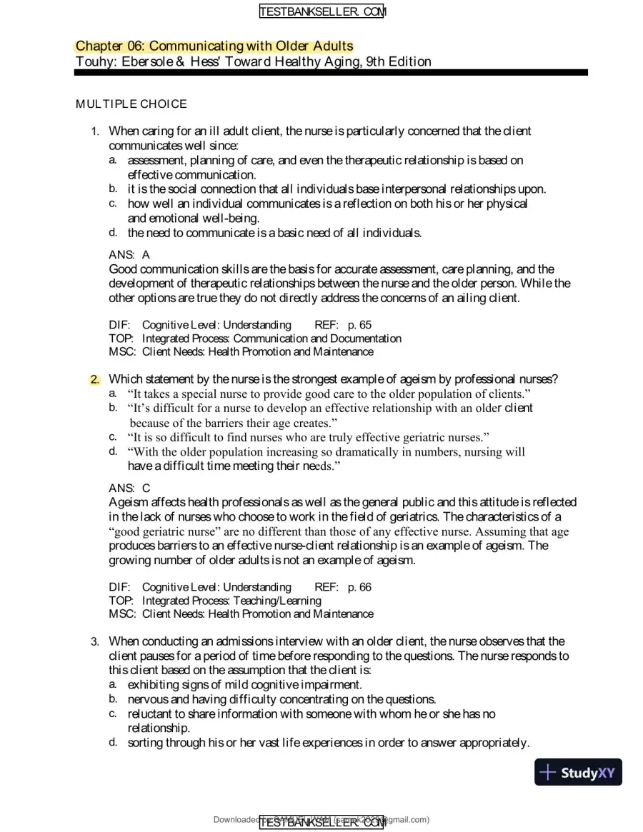 Ebersole And Hess' Toward Healthy Aging: Human Needs And Nursing Response, 9th Edition Test Bank, page 25